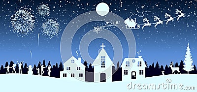 Santa Claus flyin on Christmas sleigh over the housses in the night - vector Vector Illustration